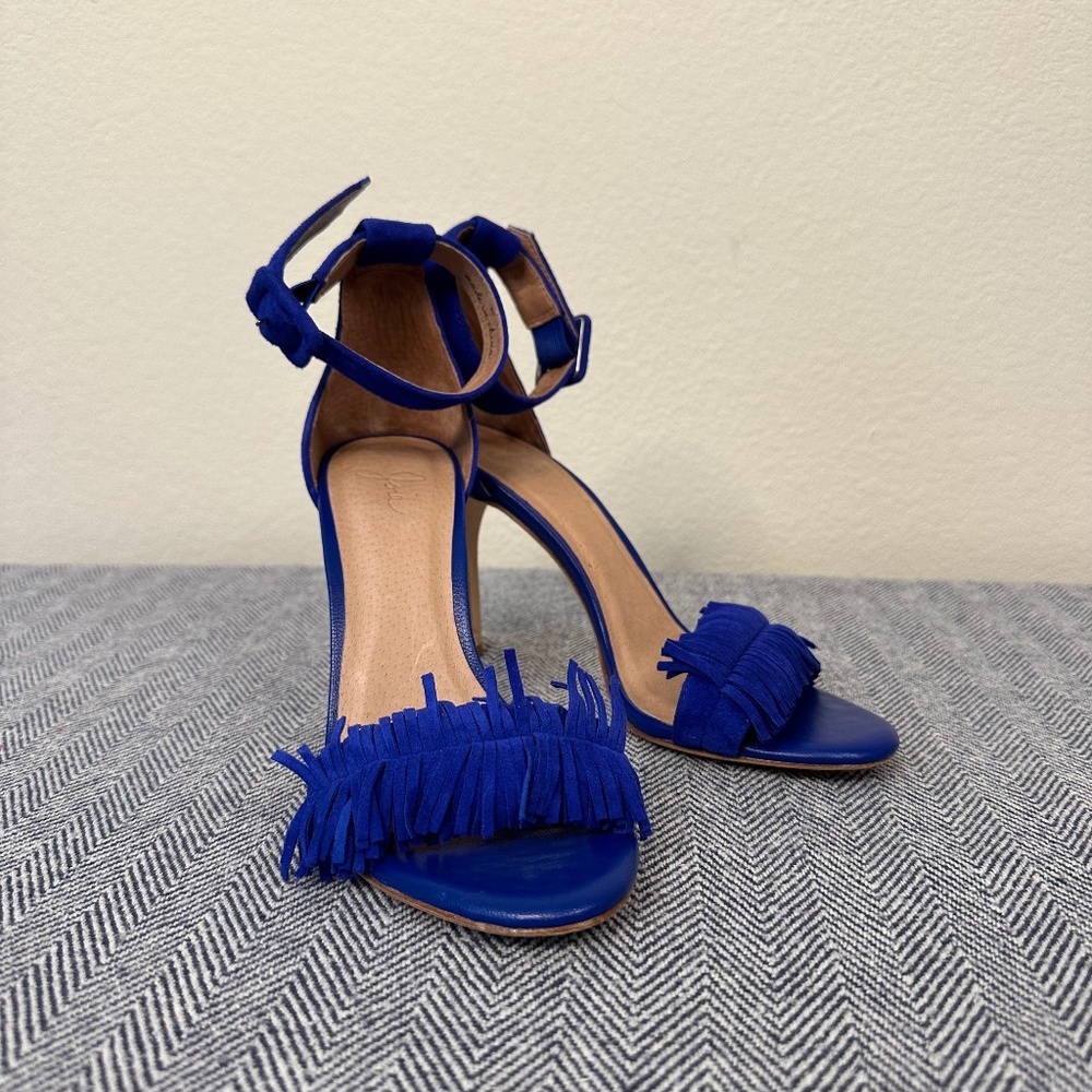 JOIE - Suede Pippi Naked Suede Fringe Royal Blue Heeled Ankle Strap Sand… - Picture 2 of 7